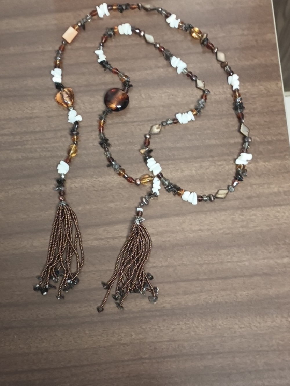 Long Brown and White Beaded Tassel Open Ended Necklace